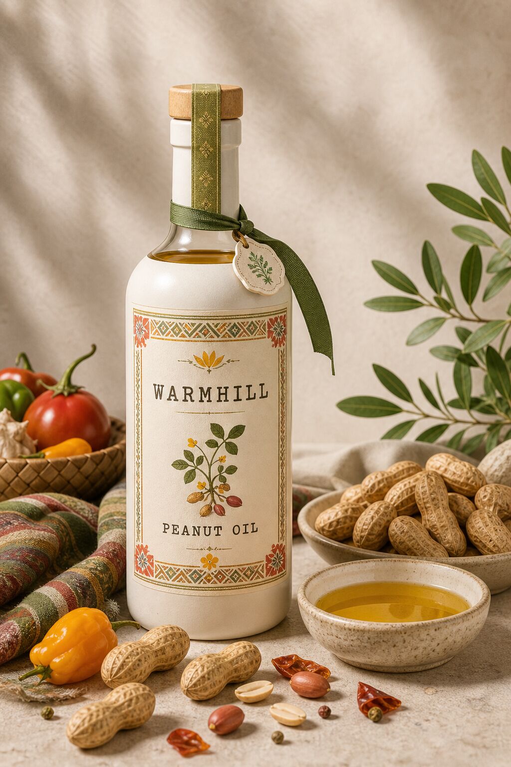 Warmhill Premium Peanut Oil bottle with peanuts and peppers