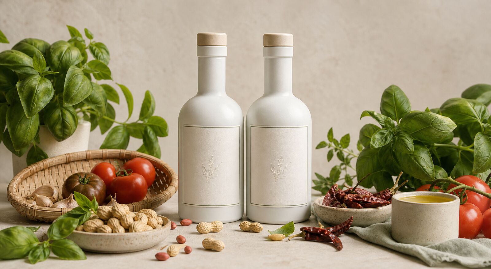 Warmhill bottles with fresh herbs and ingredients