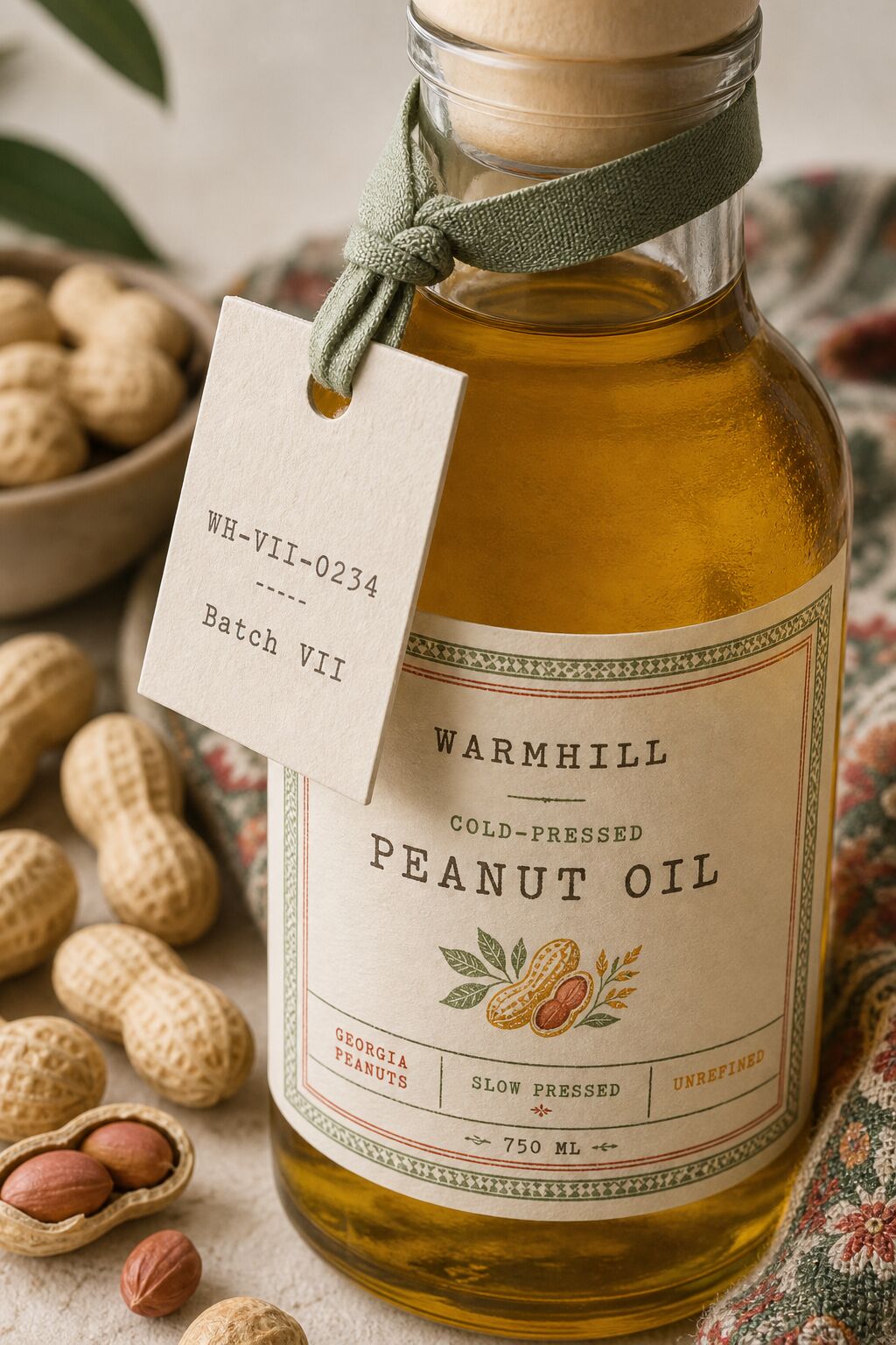 Warmhill peanut oil bottle with batch tag showing provenance